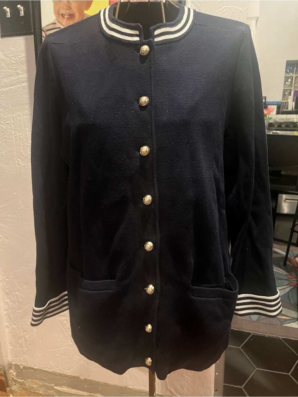Talbots Navy Knit sweater Jacket with Gold-Tone Buttons and Striped Trim